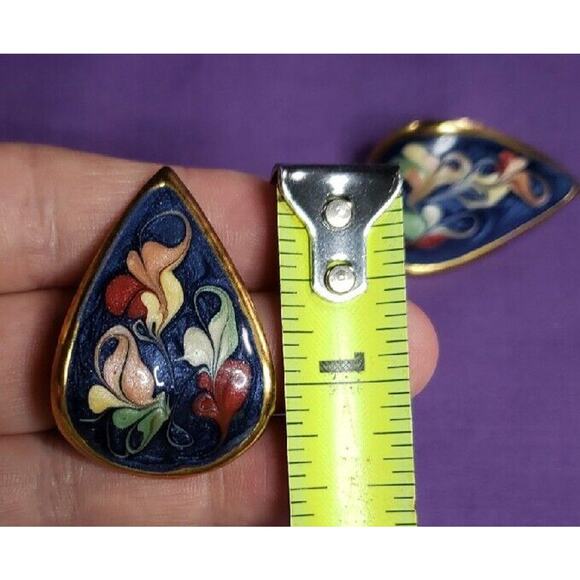 Retro Multicolored Earrings Glittery Swirl Enamel Curved Teardrop Gold Tone - Picture 13 of 13